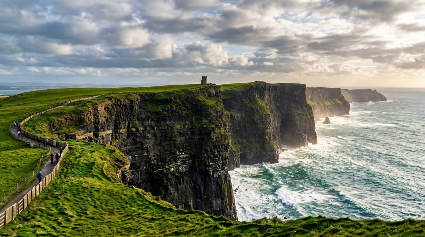Dramatic panoramic view of the Cliffs of Moher in County Clare Ireland dropping into the Atlantic Ocean
