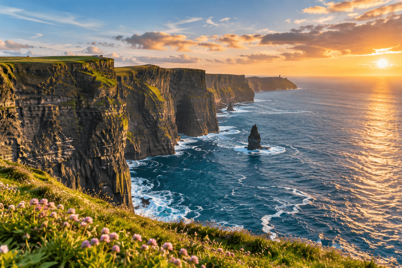 liffs of Moher on Ireland’s Atlantic coast at sunset, seen on a day trip from Dublin.