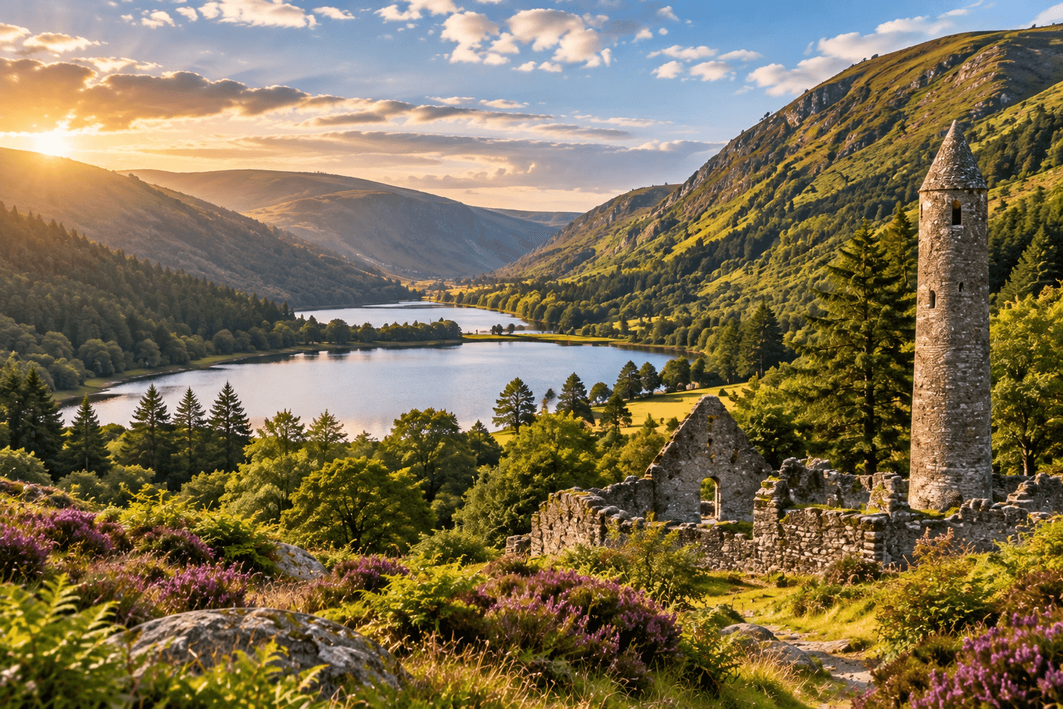 Glendalough in the Wicklow Mountains with its historic round tower, monastic ruins, lakes and green mountain scenery near Dublin.